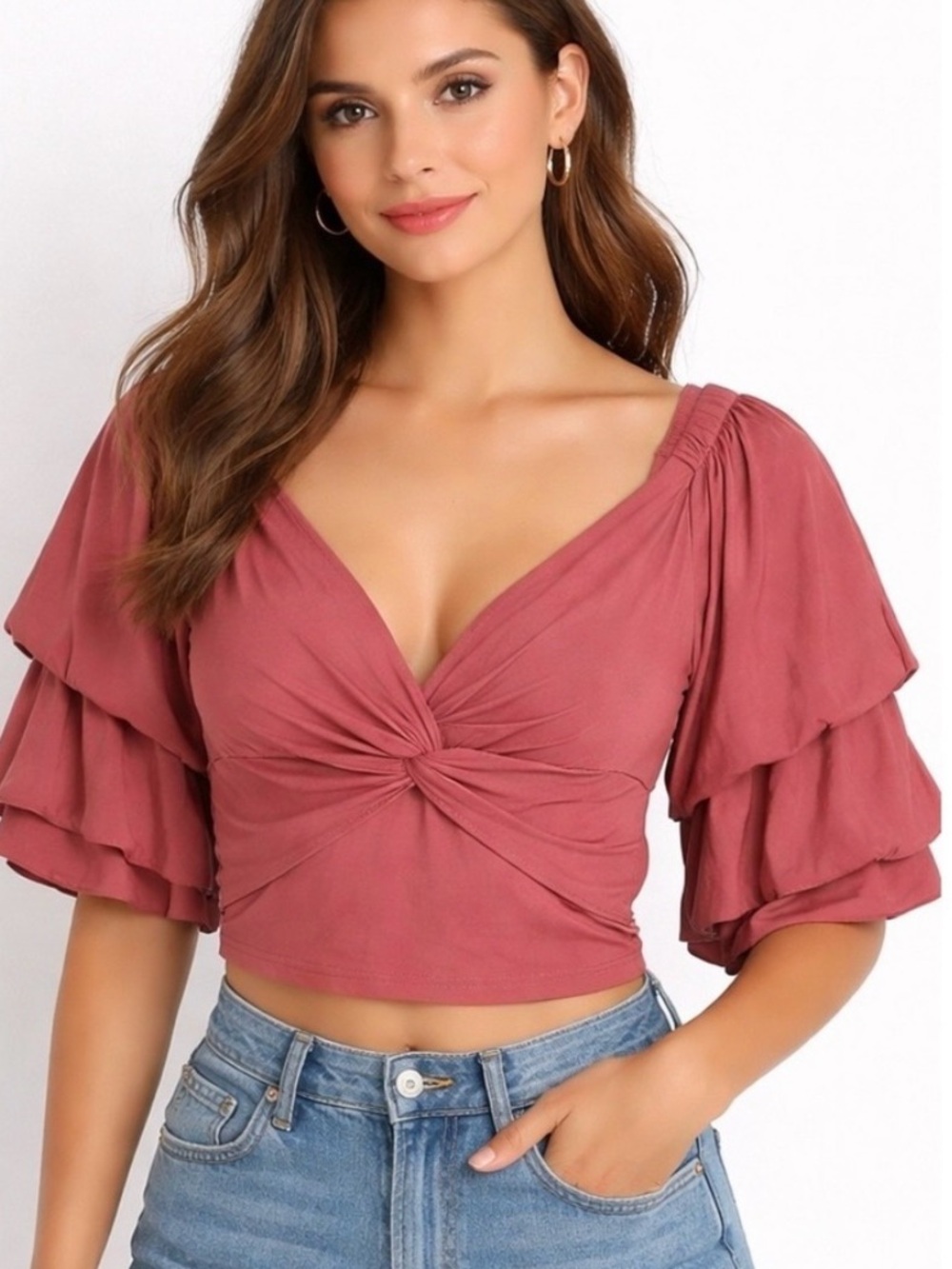 NWOT vestique Mauve Twist-Knot Ruffle Sleeve Crop Top